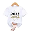 T-shirts 2023 B au revoir Hello 2024 Bonne année T-shirt drôle de vêtements pour enfants unisexe garçons Tshirt Famile Family Party Short Sleeve Tees Top T240509