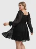 Vestidos de tamanho grande, além de roupas de tamanho 2024 Novo vestido preto feminino preto Vestido elegante v ruffles suíço do pescoço Ruffles Fluxo Slve Ruffle Bainha Vestido Y240510