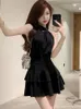 Casual Dresses Summer Black Elegant Satin 2 Piece Dress Set Women Khaki ärmlös Y2K Crop Even Party Mini kjol Lady Chic Korean