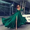 Hunter Green Sexy V Neck Manches longues A-Line Forme Party Robes de soirée High Slit Prom Graduation Robes Vestido de Festa 0510