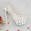 Dress Shoes Handmade Sparkling Women High Heels Genuine Leather Rhinestone Bridal White Pearl Wedding Size 34-43