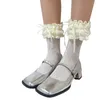 Women Socks Elegant Hollowed Out Lace Ribbon Bowknot Bubble Trim