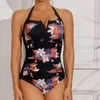 Domowe odzież kąpielowa 2024 NOWOŚĆ DIDRUKA LEAF One Piece Swimsuit Feeling wiszące plisowane bikini