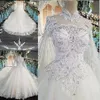 Weiße Hochhalskugelkleid Land Brautkleider Plus Größe Perlen Blinge Real Photo Vestidos de Noche Satin Braut Downs Wrap 199a