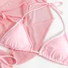 Kvinnors badkläder kvinnors rosa mini pärlbikini set 4 stycken mesh topp och snäv baddräkt j240510