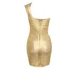 Casual Dresses High Quality Gold Sliver Runway One Shoulder Sleeveless BodyCon Rayon Bandage Dress Cocktail Party Night Printing Vestidos
