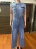 Vintage gevşek denim geniş bacak pantolon tulum kadın kadın cep kolsuz tek göğüslü jean One Piece Rompers Street Tahiller 240510