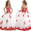 Princess Girls Pageant Robes de haute qualité Perles brillantes de cou brillant Lace Red et Tulle White Tulle Back Little Girls Ball Robe Prom Dr 2029