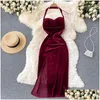 Basic lässige Kleider y schwarz/rot Halfter Veet Bodycon Kleid Frauen elegant trägerloser ärmellose hohe Taille Split Party Robe Frau Vesti Dh1mj