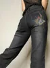 Women's Jeans Low Waisted Butterfly Embroidery Distressed Patch Work Casaul Y2k Pants Fairy Grunge Fashion All-match Pantalon 2000s