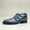 Genuine Leather Men's Sandals Summer Square Heel Pointy Toe Casual Blue Shoes P30D50