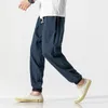 Calça masculina tamanho grande estilo japonês lanterna linho macho de algodão moda harlen calças casuais algemas casuais