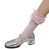 Women Socks Elegant Hollowed Out Lace Ribbon Bowknot Bubble Trim