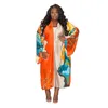 Manto de cetim de cetim de impressão floral feminina Kimono Cardigan Open Front Long Cover Ups Outerwear Robes
