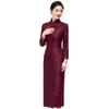 Ethnic Clothing Yourqipao Long-sleeved Mother Of The Bride Cheongsam Plus Velvet And Thickened Winter Chinese Wedding Guest Dress Women