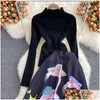 Dwuczęściowa sukienka 2022 Zestaw jesienny Zestaw Runway Kobiety Knitte Black Sweter Dodaj kwiatową suknię kulkową wysoką talię długą maksymalną spódnicę garnitur upuść de dhjix