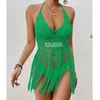 Sommerkleid für Frauen 2024 Strandausgang Trend sexy Häkelgeflecht mit gehöcherten Fransenbikini Kurztop solide Acryl