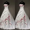White Satin Red Embroidered Wedding Dresses Plus Size Ball Gown For Bride 2022 Strapless Lace-up Pleats Draped Vintage Wedding Gowns 239K