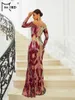 Robes décontractées Missord 2024 Elegant Red Primp Sequin Prom Robe Femmes Slash Coule Long Serme Bodycon Party Femme Robe de soirée