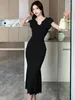 Vestidos casuais verão elegante vestido esbelto mulheres tricotadas moda coreana vintage manga curta sereia escritório senhora vestidos