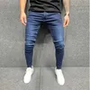 Mäns jeans grå fast färg Mens elastiska midja snäva jeans 2021 tårfria byxor Q240509