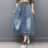 Skirts Spring Arts Style Women Elastic Waist Loose A-line Skirt Flower Embroidery Cotton Denim Vintage Blue Long Female C793