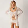 Casual Dresses U Neck Cover-up Beach Lace Up Dress Woman Sexy Hollow Out Knit Long Flare Sleeve Swimsuit 2024 Lady Holiday Beachwear