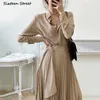 Casual Dresses Khaki Vintage Long Dress Woman Streetwear High Waist Gloss Shirt Office Lady Spring Autumn Elegant Business Female