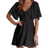 Mujeres Vestidos informales de línea A de manga corta Summer Summer Sexy Deep V Neck Elegant Bow Tie Mini Vestido