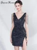 Casual Dresses Sexig rygglös svart paljett Summerklänning Kvinnor Elegant Luxury Rhinestone Birthday Party Short Prom Evening Vestidos