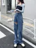 Frauen Jeans Frauen Design hohl aus stilvollem All-Match-Empire Koreanischer Stil Einfacher Denim Casual Kreativität Sommer Lose Mädchen