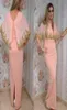 Erröten rosa chiffon arabisch abend kleiderscheide säule formales kleid mit spitzen applizierten schalwrack abrelads zurück geteilt boden le2917268
