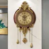 Wall Clocks American solid wood silent swinging wall clock living room European style metal creative decoration large quartz pendulum Q240509