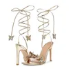 2024 New square toe sandals three-dimensional butterfly flowers sexy golden high heels cross strap women high heels shoes