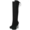 Stiefel Frauen schnüren dehnbare Velvet High Heel über dem Knie -Motorrad weibliche Winter -Klob -Plattform -Oberschenkelpumpen Schuhe