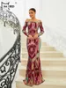 Abiti casual Missord 2024 Elegante abito da ballo di paillettes stampato rosso donna Slash Neck Mleeve Long Bodycon Mermaid Party Abito da sera femminile