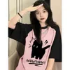 T-shirt féminin pour femmes Summer coréen motif de dessin animé en coton zipper o cou