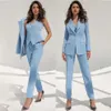 Fashion Light Blue Women Suits Prom Dresses Three Pieces Ladies Blazer Plus Size Office Tuxedos Formal Work Wear For Evening 166f