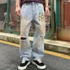 남자 청바지 거리에 개인화 된 유행 인쇄 된 세척 된 빈티지 더러운 느슨한 스트레이트 캐주얼 바지 세련된 넓은 다리