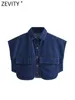 Blouses pour femmes Zevity Fashion Couleur solide Double Pocket Patche Brousse de jean Boulie-bouton Femme Shirt Chic Chemise Crop Blusas Tops