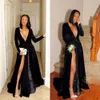Black Veet Deep V Neck Evening Dresses 2019 Side Split Sleeves Prom Dress Long Plain Sexy Pleats Tail Party Gowns M101 0510