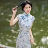 Etnisk kläder Kvinnlig elegant temperament qipao retro traditionell kinesisk klänning stor storlek 3xl vestidos vintage knapp mandarin krage