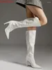 Botas brancas esbeltas alongamentos femininos sólidos de couro de 10 cm de salto de pico de ponta pontia