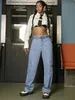 Y2K Trendy Women Cargo Jeans Street Taschen Side Knot Saum Baggy gerade Bein Hip-Hop-Denimhose Mujer 240510