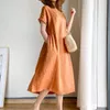 Robes décontractées orange solide chic o cou o-cou à manches courtes à manches lâches robe de femme de la mode coréenne au milieu de la mode pour les femmes 2024 printemps