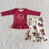 Vêtements Ensemble bébé filles d'été de haute qualité rouge foncé à manches longues pantalons de fleurs top set en gros boutique enfants vêtements
