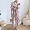 Partykleider Sommer koreanische Frauen florale Druckpuffhülle elastische Taille Lose langes Kleid elegante weibliche Vintage Baumwoll Vestidos