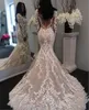 New Illusion Long Sleeves Lace Mermaid Wedding Dresses Tulle Applique Court princess Wedding Bridal Gowns With Buttons