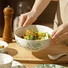 フランスのレトロな食器セットセラミックボウルプレートスプーンチョップスチョッキの家事ギフトエレガントな緑のカメリア料理ディナーウェアセット240508