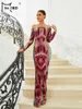 Robes décontractées Missord 2024 Elegant Red Primp Sequin Prom Robe Femmes Slash Coule Long Serme Bodycon Party Femme Robe de soirée